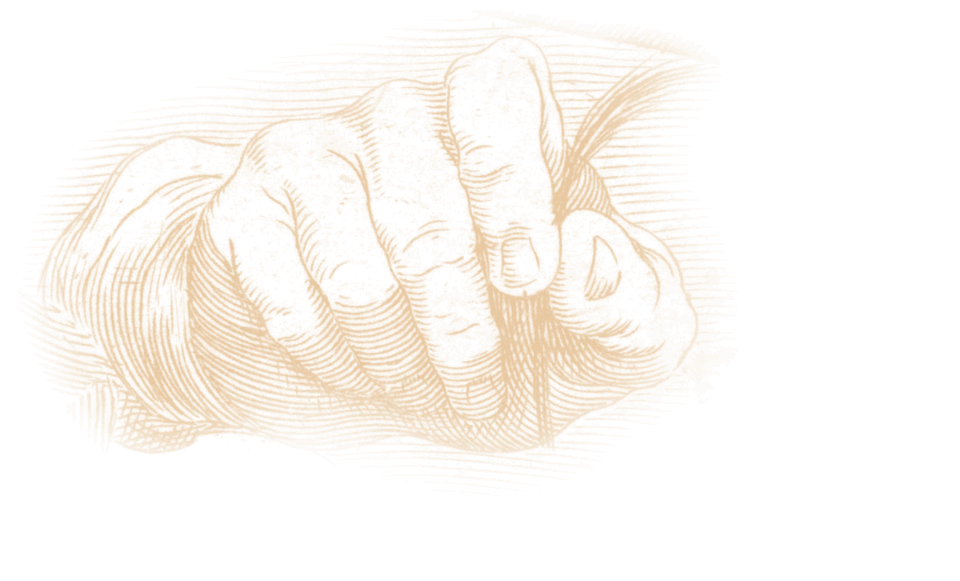 Engraving: a hand firmly grips a cord